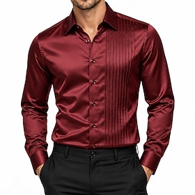Men's Shirt Satin Shirt Dress Shirt Casual Shirt Button Up Shirt Prom Shirt Plain Party Wedding Blue Light Blue Black Wine Long Sleeve Lapel All Seasons Clothi