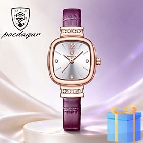 PODEAGAR Women's Quartz Watch, Elegant Square Dial Wristwatch with Rhinestone Accents, Purple or Brown Leather Strap, Rose Gold Tone Case, Fashion Dress Analog