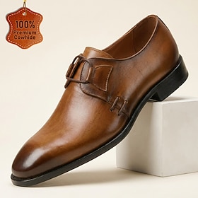 Men's Genuine Leather Brown Derby Dress Shoes Lace Up Formal Shoes Classic Elegant Vintage Style Business Casual Shoes Luxury Footwear for Wedding Office Meeti