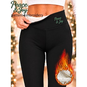 Women's Christmas Embroidered Fleece Pants Tights Leggings Vacation Fashion Basic Full Length High Waist Solid Color Plain Thermal Warm Soft Breathable High El