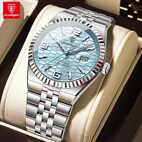 POEDAGAR Men's Analog Watch, Textured Dial with Arabic Numerals, Stainless Steel Bracelet, Fluted Bezel, Classic Business Dress Wristwatch, Elegant Casual Fash