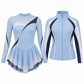 Figure Skating Dress with Jacket Women's Ice Skating Outfits Sky Blue Patchwork Asymmetric Hem Stretchy Training Competition Skating Wear Classic Crystal / Rhi