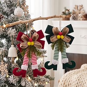 Christmas Elf Leg Ornament, Cute Hanging Christmas Tree Decoration with Bow and Pine Branch, Plush Elf Legs Pendant for Holiday Home Decor, Xmas Tree Hanging O