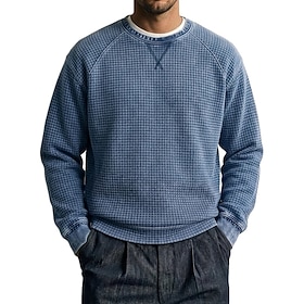 Men's Waffle T-shirt 100% Cotton Acid Wash Shirt Long Sleeve Crew Neck Textured Summer Spring All Seasons Solid Color Plain Vintage Casual Casual Vacation Stre