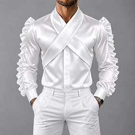 Men's Shirt Satin Shirt Dress Shirt Casual Shirt Button Up Shirt Prom Shirt Plain Party Wedding Blue White Light Blue Black Long Sleeve High Neck All Seasons C