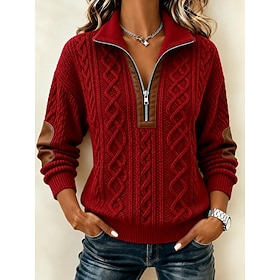 Women's Mock Two-Piece Sweater Crochet Sweater Sweater Elegant Vacation Vintage Turndown Patchwork Long Sleeve Regular Tops Knit Daily Home Work Red Spring Fal