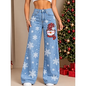 Christmas Women's Jean Denim Blend Wide Leg Chinos Elegant Vacation Vintage Full Length Mid Waist Graphic Santa Claus Christmas Tree Drawstring Patchwork Print