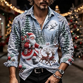 Christmas Men's Santa Claus Christmas Animal Button Up Shirt Casual Dress Shirt Long Sleeve Fashion Casual Vacation Dailywear Summer Spring Fall Turndown Colla