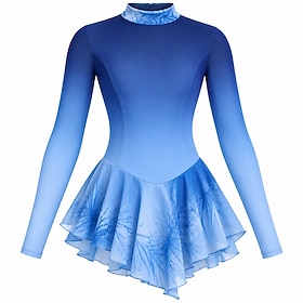 Figure Skating Dress Women's Ice Skating Dress BlueLight Blue Patchwork Asymmetric Hem Stretchy Training Competition Skating Wear Classic Long Sleeve Ice Skati