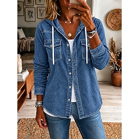 Women's Denim Hoodie Plain Vintage Fashion Classic Long Sleeve Hooded Regular Tops Casual Blue Pink Red Green Summer Spring Fall Winter