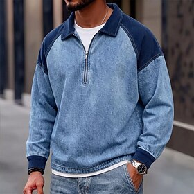 DenimTone™ Men's Denim Polo Casual Vacation Turndown Long Sleeve Fashion Leisure Solid Color Patchwork Classic Fall  Winter Spring All Seasons Regular Purple B