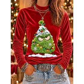 Christmas Women's Velvet Tunic Tee Print Santa Claus Christmas Tree Ugly Christmas Elegant Vintage Fashion Long Sleeve High Neck Regular Tops Casual Daily Goin