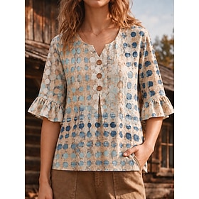 Women's Shirt Patchwork Buttons Print Floral Graphic Polka Dot Vintage Stylish Short Sleeve 3/4 Length Sleeve V Neck Long Tops Casual Daily Holiday Blue Summer