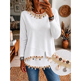Women's Waffle T-shirt T Shirt White Cotton Top Embroidered T-shirt Patchwork Embroidered Textured Solid Color Elegant Bohemia Daily Basic Long Sleeve 3/4 Leng