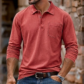 SoftFade™ Men's 100% Cotton Acid Wash Polo Casual Vacation Turndown Long Sleeve Fashion Leisure Solid Color Plain Buttons Fall Winter All Seasons Regular Yell