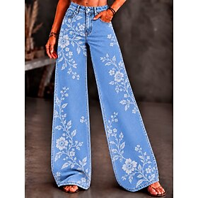 Women's Jean Denim Wide Leg Pants Trousers Elegant Vacation Vintage Full Length Mid Waist Floral Graphic Flower / Floral Drawstring Patchwork Printing Comfy Co