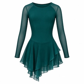 Figure Skating Dress Women's Ice Skating Dress Green Patchwork Thumbhole Stretchy Training Competition Skating Wear Classic Long Sleeve Ice Skating Figure Skat