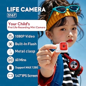 Kids Mini Digital Camera, 1080P Video Recording, 1.47 Inch IPS Screen, Built-In Flash, Photo Filters and Frames, Portable Rechargeable Pocket Camera with Metal