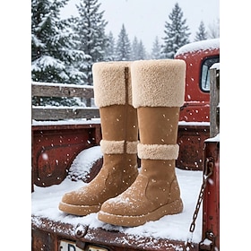 Women's Brown Suede-Look Winter Boots - Mid-Calf Silhouette Snow Boots with Fold-Over Fleece Cuffs, Side Zipper Flat Sole for Snowy Walks, Cold-Weather Outing