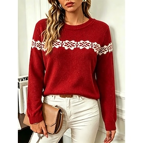 Women's Pullover Sweater Jumper Fair Isle Sweater Casual Snowflakes Ribbed Crew Neck Glitter Brooch Knitted Long Sleeve Long Tops Knit Daily Home Christmas Red