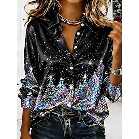 Christmas Women's Shirt Satin Top Satin Shirt Graphic Christmas Tree Vintage Stylish Modern Long Sleeve Shirt Collar Regular Tops Daily Party Holiday White Bla