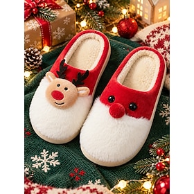 Pantuflas navideñas de mujer con diseño de reno en 3D y puntera cerrada: pantuflas cálidas para las fiestas con forro de felpa suave. Suela de EVA antideslizan