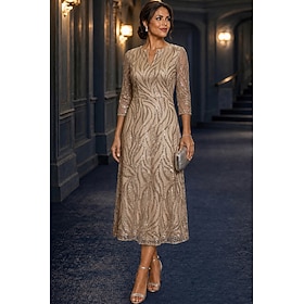 A-Line Tea Length Mother of the Bride Dress 3/4 Length Sleeve V Neck Elegant Vintage Luxurious Formal Wedding Guest Lace with Beading Sequin Appliques