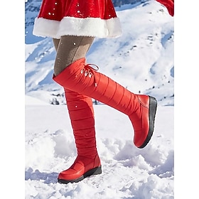 Women's Red Quilted Over-the-Knee Snow Boots - Christmas Waterproof Colth Platform Boots with Padded Shaft, Adjustable Lace-Up Cuff Warm Lined for Snowy Walks