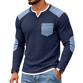 Men's Waffle T-shirt T Shirt Long Sleeve V Neck Notched Patchwork Fake two piece Fall Winter Spring Fall Solid Color Textured Traditional / Vintage Casual Cas