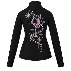 Figure Skating Fleece Jacket Women's Ice Skating Jacket Top Black Patchwork Stretchy Training Competition Skating Wear Crystal / Rhinestone Long Sleeve Ice Ska