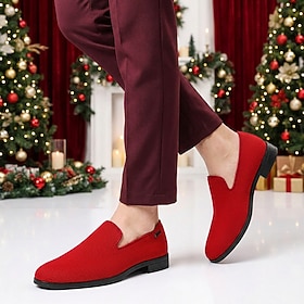 Men's Red Knit Loafers, Minimalist Slip On Casual Dress Shoes with Contrast Sole for Christmas Parties and Holiday Gatherings