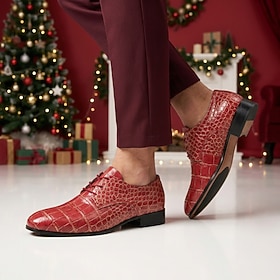 Men's Red Crocodile Embossed Oxford Dress Shoes Lace Up Low Heel Classic Elegant Formal Business Fashion Shoes for Christmas Party Holiday Wedding Banquet Even