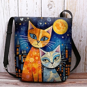 Women's Flocked Polyester Cat Print Crossbody Bag, Large Capacity Artistic Shoulder Purse with Adjustable Strap, Vintage Inspired Cat Lover Handbag for Shoppin