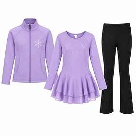 Figure Skating Dress with Jacket and Pants Women's Ice Skating Outfits Violet Patchwork Asymmetric Hem Stretchy Training Competition Skating Wear Classic Cryst