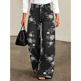 Women's Jean Denim Wide Leg Vacation Vintage Basic Full Length High Waist Floral Graphic Comfy Comfort Comfortable Inelastic Casual Daily Daily Wear Black Summ