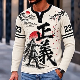 Men's Chinese character Waffle Henley Shirt Casual Style Classic Style Long Sleeve Fashion Designer Casual Casual Daily Outdoor Fall Spring   Fall White Henley