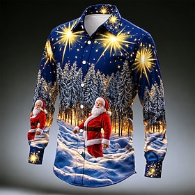 Christmas Men's Santa Claus Button Up Shirt Casual Dress Shirt Long Sleeve Fashion Casual Vacation Dailywear Summer Spring Fall Turndown Collared Shirts Dark b