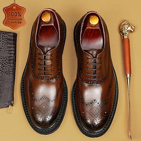 Men's Genuine Leather Brown Brogue Dress Shoes Lace Up Formal Shoes Classic Vintage Elegant Business Shoes Luxury Leather Footwear for Wedding Office Meeting P