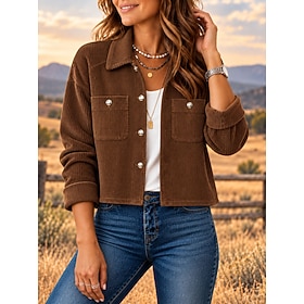 Women's Shirt Corduroy Tops Shirt Jacket Casual Jacket Pocket Solid Color Plain Vintage Stylish Long Sleeve Lapel Regular Tops Casual Streetwear Work Brown Spr