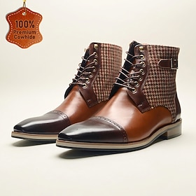 Men's Genuine Leather Brown Ankle Boots Plaid Panel Design Lace Up Dress Boots Classic Vintage Style Business Casual Shoes for Wedding Office Meeting Party Out