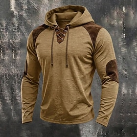 Men's Hoodie Cotton T Shirt Long Sleeve Hooded Henley Spring Fall Autumn Plain Basic Modern Casual Drawstring Patchwork Hooded Casual Home Street Navy Blue Dar