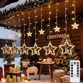 Christmas LED Curtain Lights, 138 LEDs, 3.5M Star, Christmas Tree Deer String Lights with Remote Control, 8 Lighting Modes, USB Powered Indoor Outdoor Window,