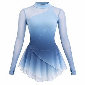 Figure Skating Dress Women's Ice Skating Dress BlueWhite Patchwork Asymmetric Hem Stretchy Training Competition Skating Wear Classic Long Sleeve Ice Skating Fi