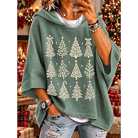 Sudadera con capucha navideña para mujer, con estampado de árbol de Navidad, manga tres cuartos, estilo casual, ideal para el día a día en la calle.