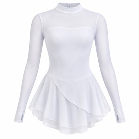 Figure Skating Dress Women's Ice Skating Dress White Patchwork Asymmetric Hem Stretchy Training Competition Skating Wear Classic Long Sleeve Ice Skating Figure