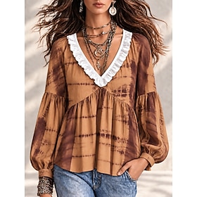 Women's Shirt Tunic Ruffle Ombre Floral Graphic Elegant Bohemia Vacation Long Sleeve V Neck Regular Tops Casual Daily Yellow Red Purple Orange Summer Spring Fa