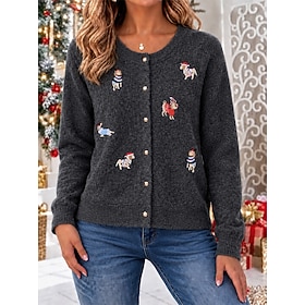 Women's Sweater Cardigan Sweater Vacation Cute Daily Animal Ribbed Crew Neck Embroidered Long Sleeve Regular Tops Knit Daily Christmas Date Red Gray Spring Fal