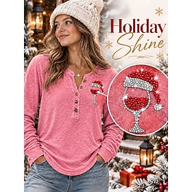 Christmas Women's 100% Cotton Sequins Rhinestone Washed Cotton Henley Shirt Plain Vintage Fashion Stylish Sleeveless Short Sleeve Long Sleeve Regular Tops Casu