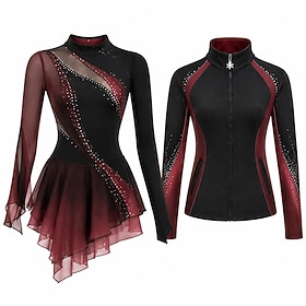 Figure Skating Dress with Jacket Women's Ice Skating Outfits BlackRed Patchwork Asymmetric Hem Stretchy Training Competition Skating Wear Classic Crystal / Rhi