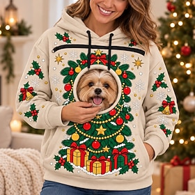 Christmas Funny Bonding Pouch Hoodie Pet Lover Gifts Small Pet Carrier Christmas Tree Print Cute Cozy Cat Dog Front Pocket Plus Size for Women's Adults' 3D Pri